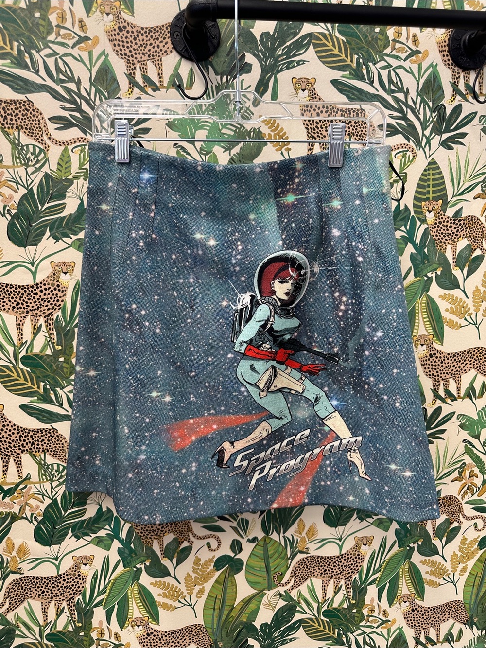 Pinko Galaxy Print Mini Skirt with Astronaut Graphic - Teal, Red, White